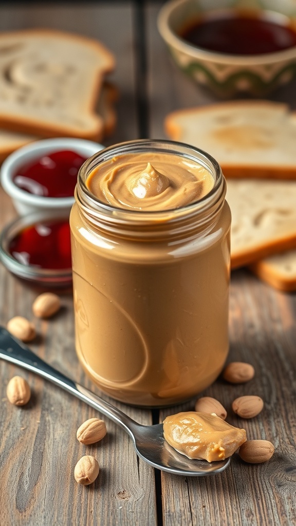 Creamy Peanut Butter Recipe A jar of creamy peanut butter with a spoon, whole peanuts, and slices of bread on a wooden table.